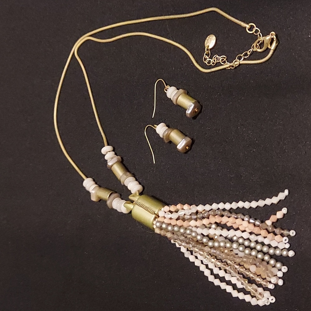 White House Black Market Necklace White Beaded Gold Chain Beads Tasel